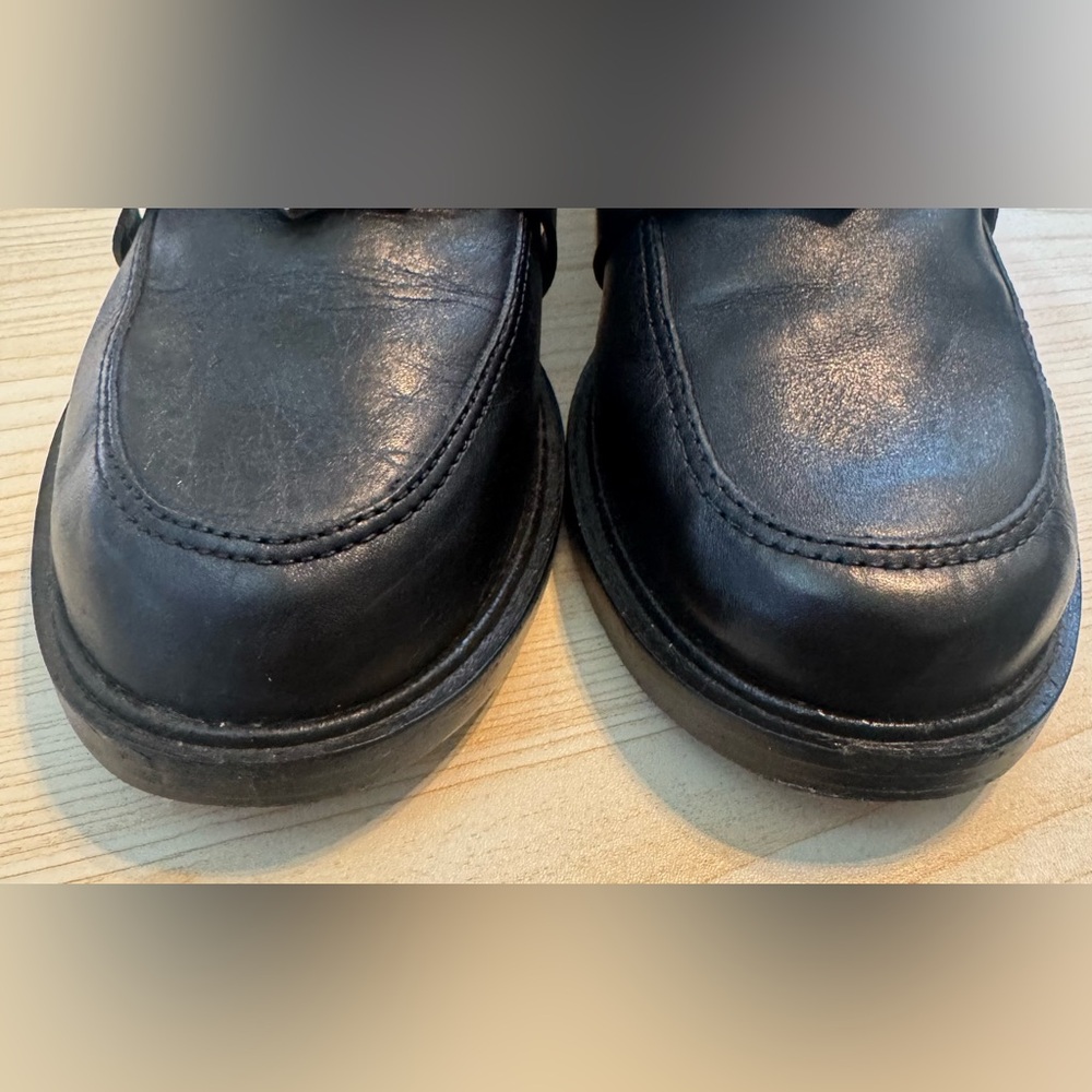 SCHUTZ Black Leather Loafers with Gold Ring Accent - Picture 4 of 9